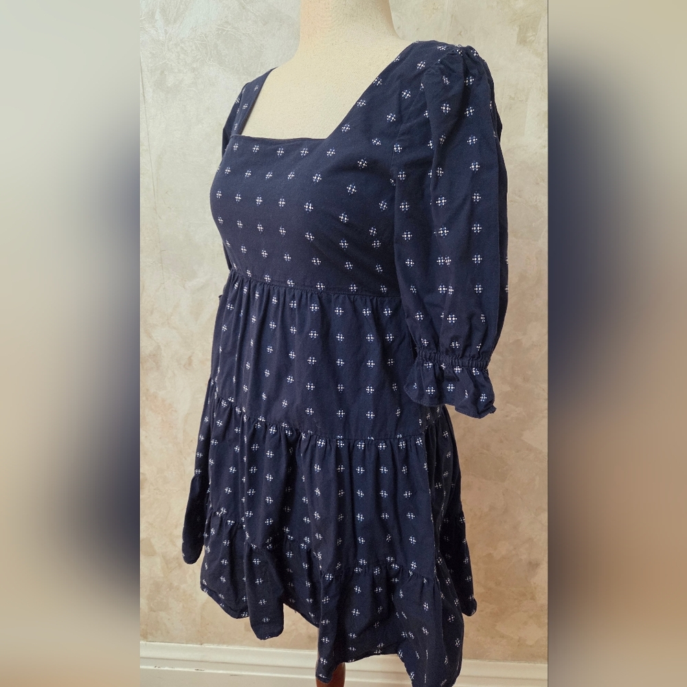 Madewell Navy Cotton Tiered Mini Dress Size 6 Square Neck Puff Sleeve - Picture 2 of 12
